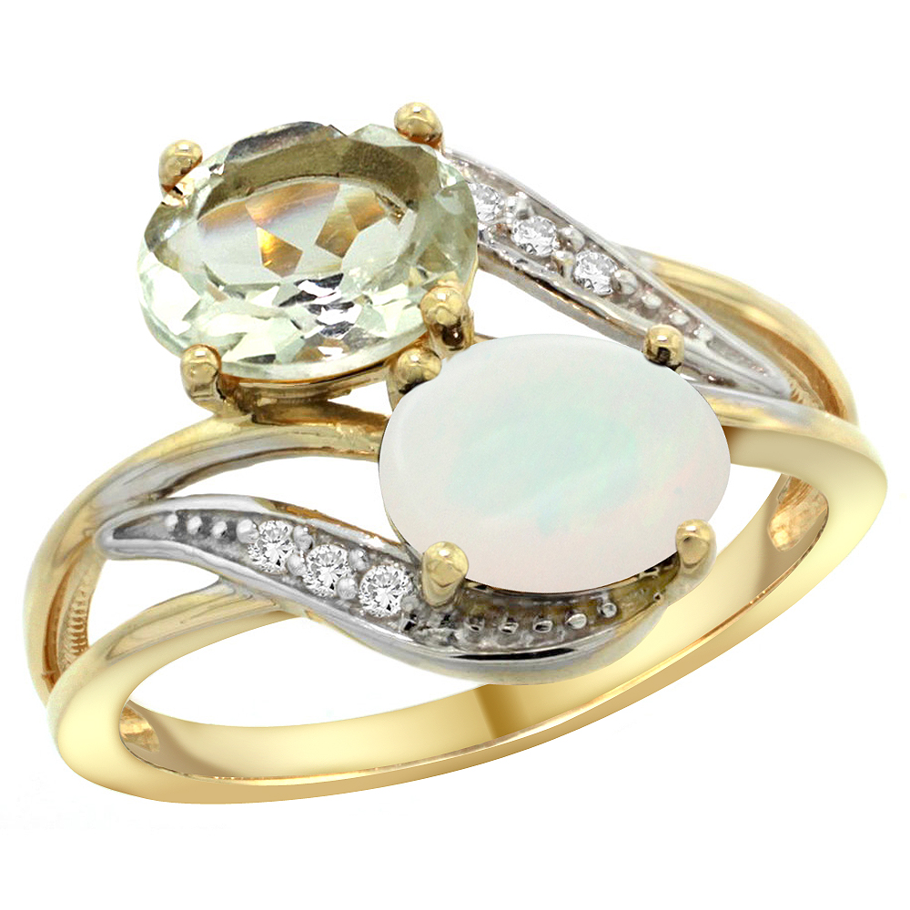 14K Yellow Gold Diamond Natural Green Amethyst &amp; Opal 2-stone Ring Oval 8x6mm, sizes 5 - 10