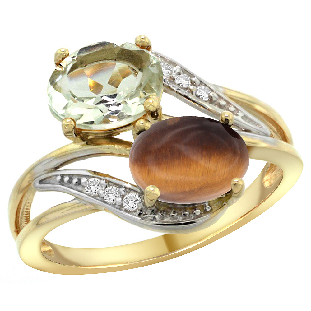 14K Yellow Gold Diamond Natural Green Amethyst &amp; Tiger Eye 2-stone Ring Oval 8x6mm, sizes 5 - 10