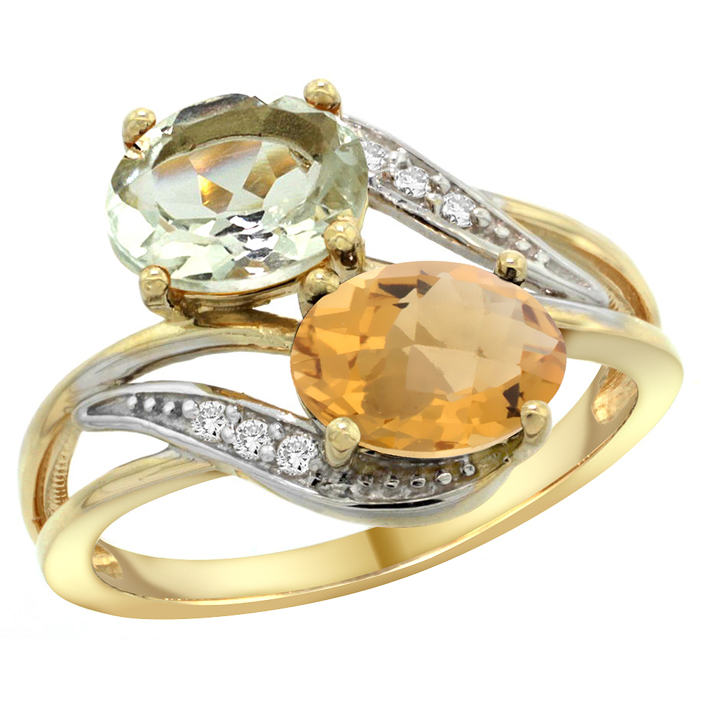 14K Yellow Gold Diamond Natural Green Amethyst &amp; Whisky Quartz 2-stone Ring Oval 8x6mm, sizes 5 - 10