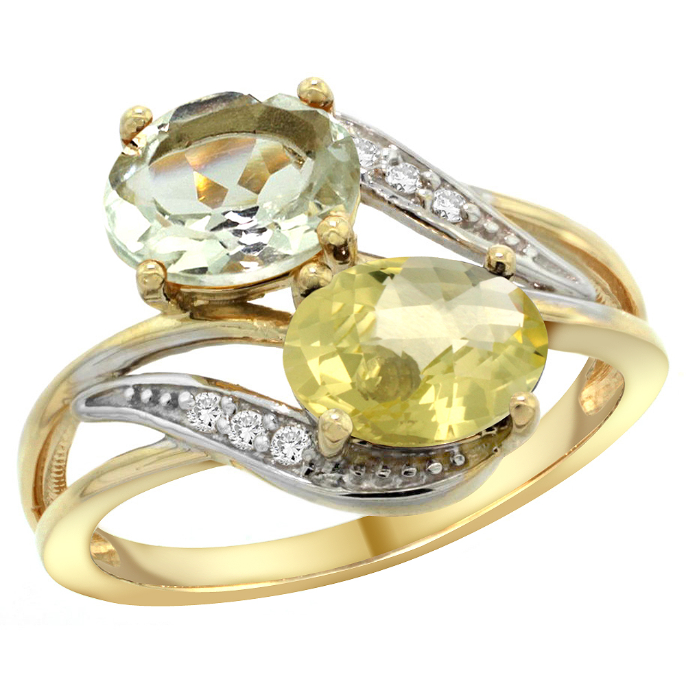 14K Yellow Gold Diamond Natural Green Amethyst & Lemon Quartz 2-stone Ring Oval 8x6mm, sizes 5 - 10