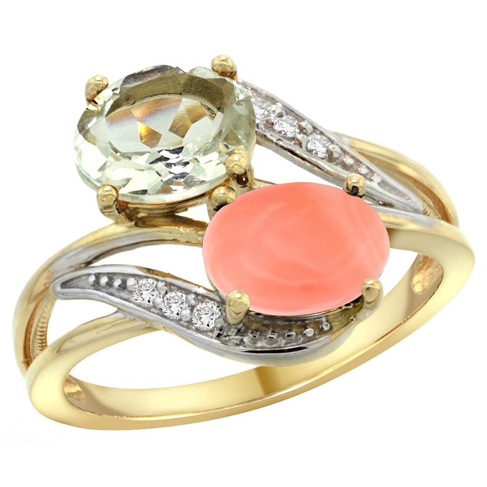 14K Yellow Gold Diamond Natural Green Amethyst &amp; Coral 2-stone Ring Oval 8x6mm, sizes 5 - 10