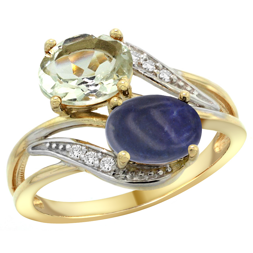 14K Yellow Gold Diamond Natural Green Amethyst & Lapis 2-stone Ring Oval 8x6mm, sizes 5 - 10