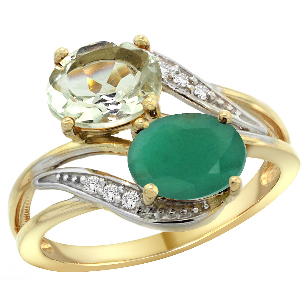 14K Yellow Gold Diamond Natural Green Amethyst &amp; Quality Emerald 2-stone Mothers Ring Oval 8x6mm,sz5 - 10