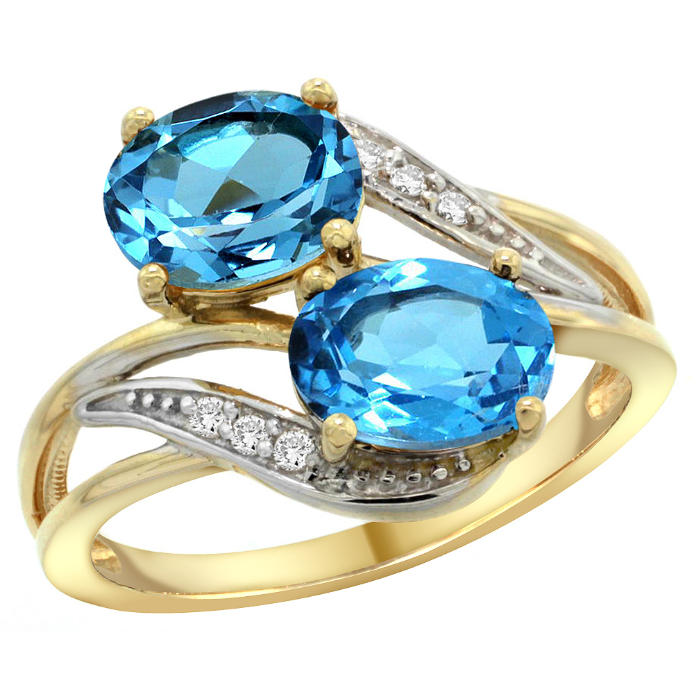 14K Yellow Gold Diamond Natural Swiss Blue Topaz 2-stone Ring Oval 8x6mm, sizes 5 - 10