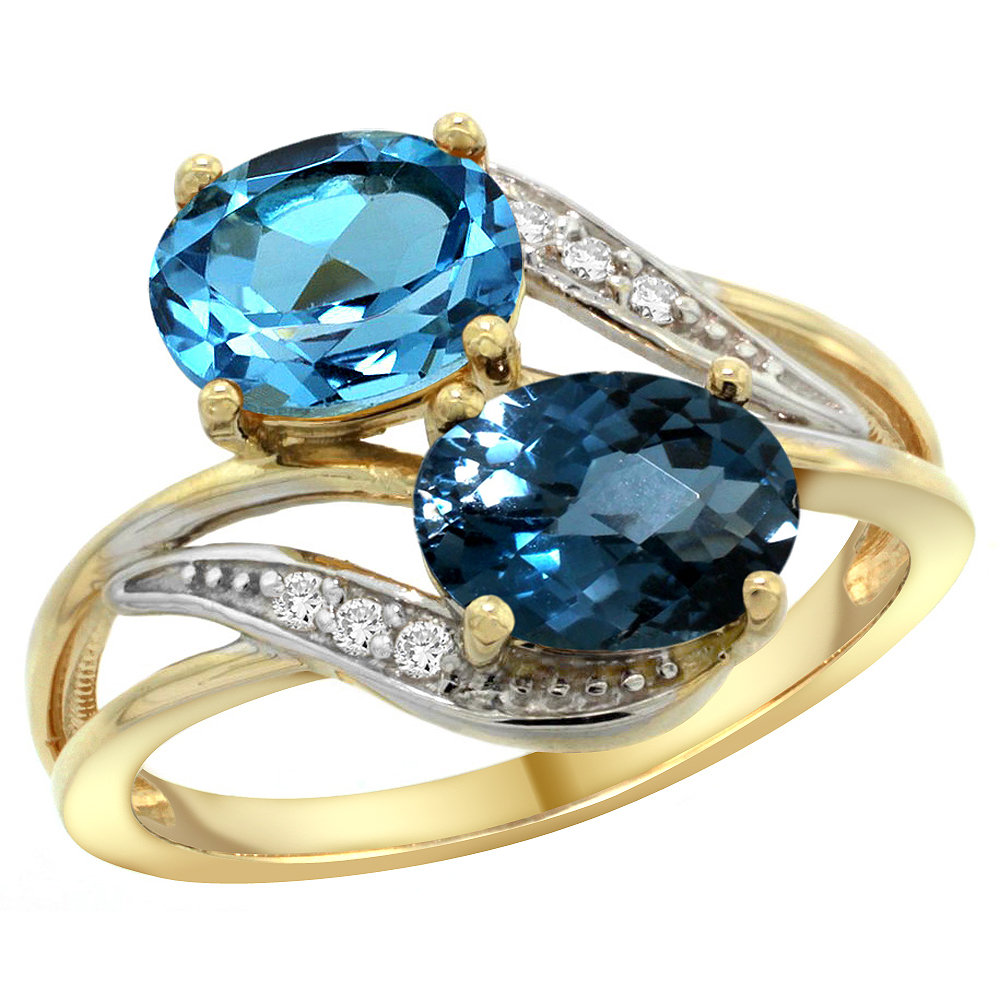 14K Yellow Gold Diamond Natural Swiss &amp; London Blue Topaz 2-stone Ring Oval 8x6mm, sizes 5 - 10
