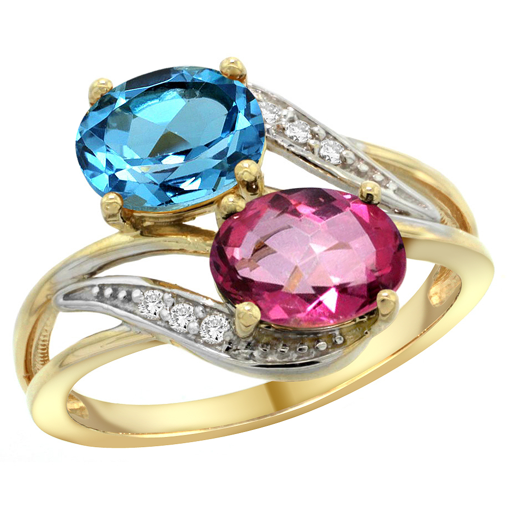10K Yellow Gold Diamond Natural Swiss Blue & Pink Topaz 2-stone Ring Oval 8x6mm, sizes 5 - 10