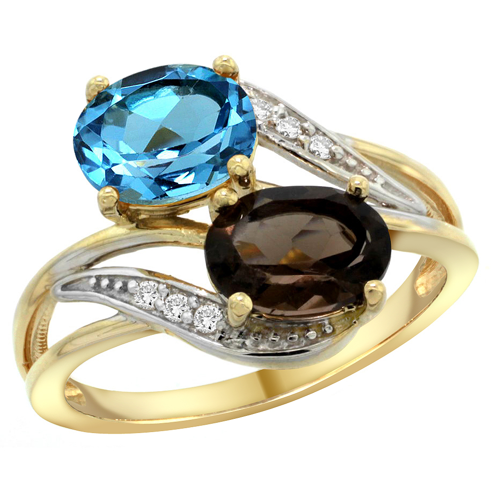 14K Yellow Gold Diamond Natural Swiss Blue &amp; Smoky Topaz 2-stone Ring Oval 8x6mm, sizes 5 - 10