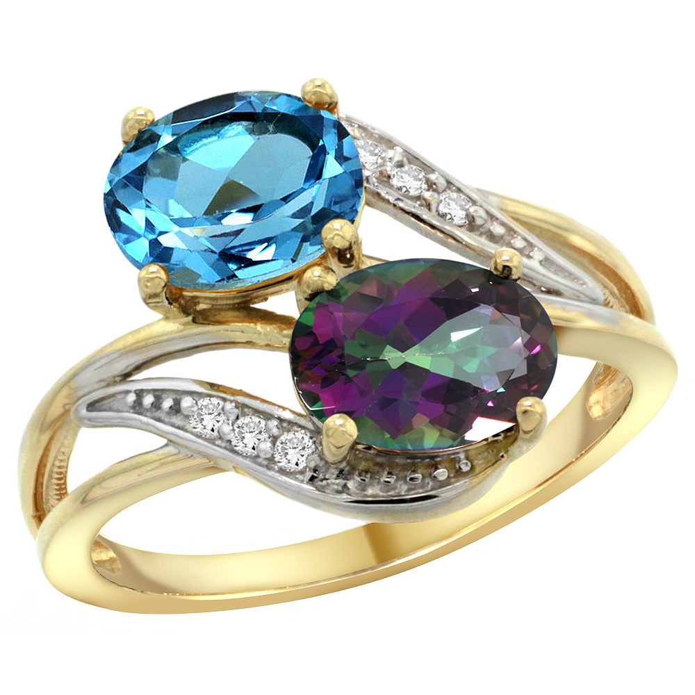 14K YELLOW GOLD DIAMOND NATURAL SWISS BLUE & MYSTIC TOPAZ 2-STONE RING OVAL 8X6MM, SIZES 5 - 10