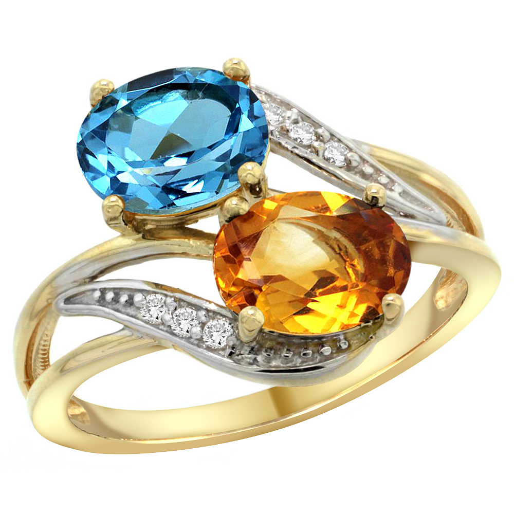 14K YELLOW GOLD DIAMOND NATURAL SWISS BLUE TOPAZ & CITRINE 2-STONE RING OVAL 8X6MM, SIZES 5 - 10