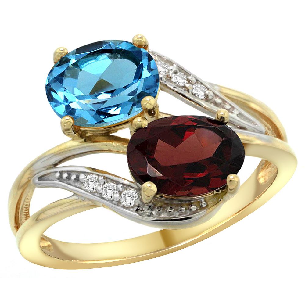 14K YELLOW GOLD DIAMOND NATURAL SWISS BLUE TOPAZ & GARNET 2-STONE RING OVAL 8X6MM, SIZES 5 - 10