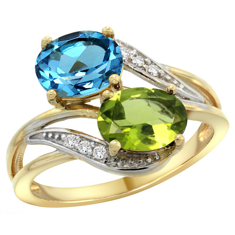 14K Yellow Gold Diamond Natural Swiss Blue Topaz & Peridot 2-stone Ring Oval 8x6mm, sizes 5 - 10