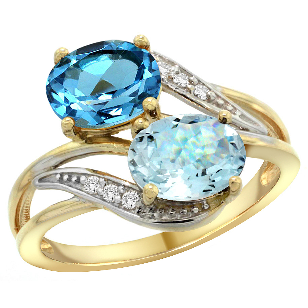 14K YELLOW GOLD DIAMOND NATURAL SWISS BLUE TOPAZ & AQUAMARINE 2-STONE RING OVAL 8X6MM, SIZES 5 - 10