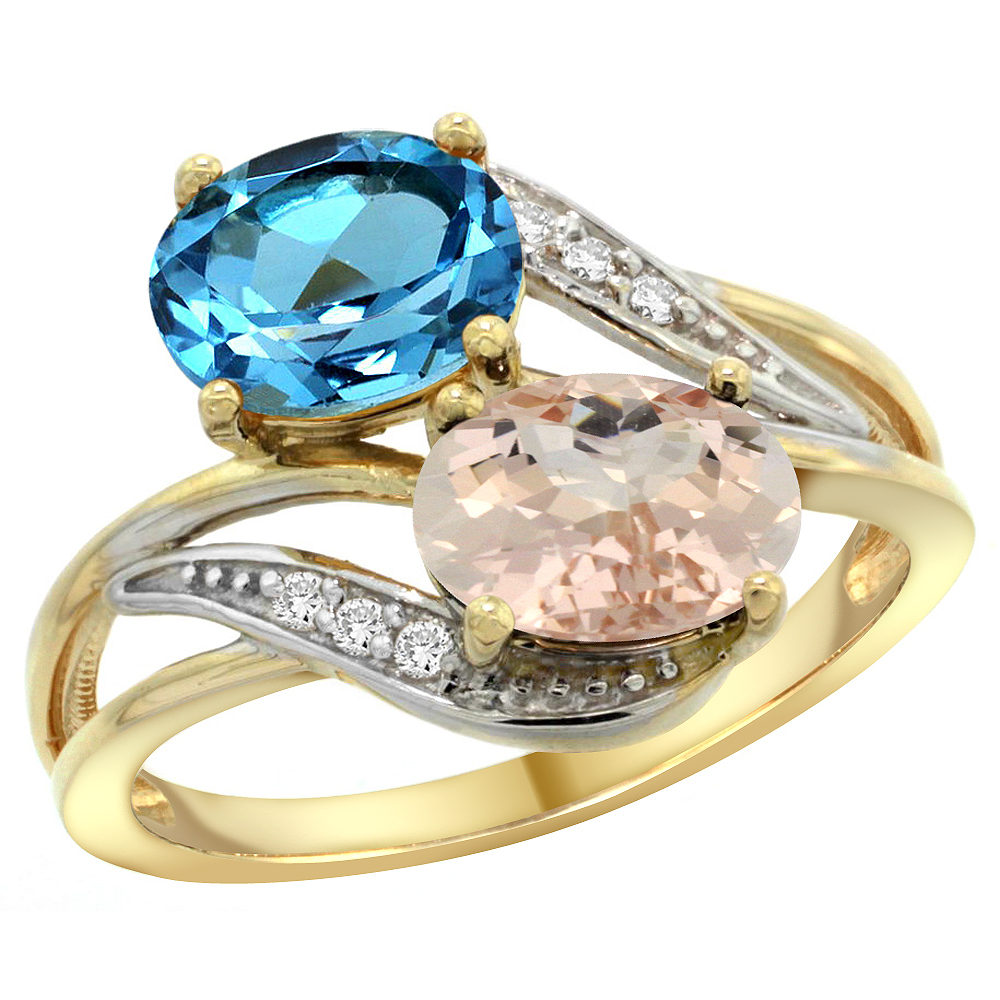 14K Yellow Gold Diamond Natural Swiss Blue Topaz &amp; Morganite 2-stone Ring Oval 8x6mm, sizes 5 - 10