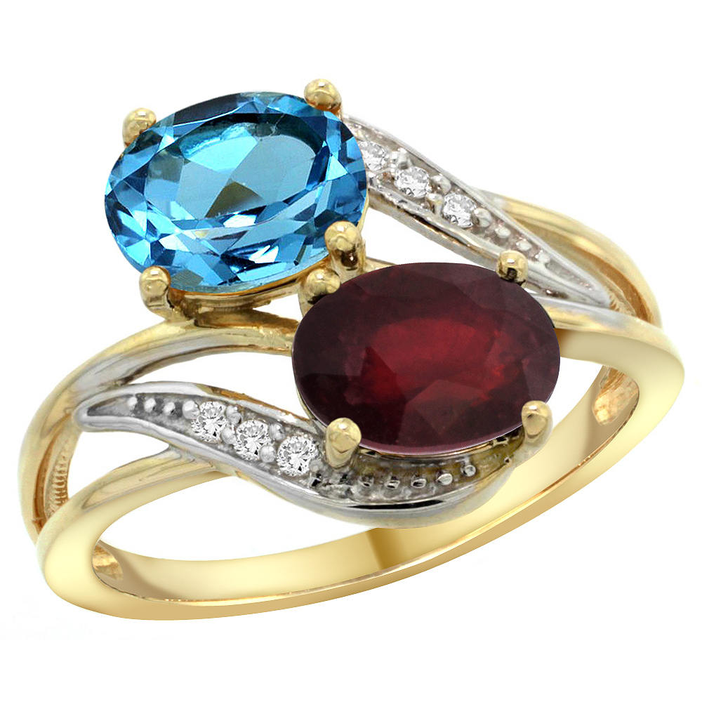 14K YELLOW GOLD DIAMOND NATURAL SWISS BLUE TOPAZ & ENHANCED RUBY 2-STONE RING OVAL 8X6MM, SIZES 5 - 10