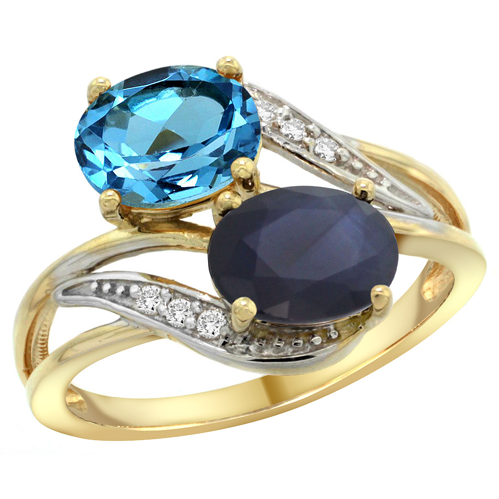 14K YELLOW GOLD DIAMOND NATURAL SWISS BLUE TOPAZ & BLUE SAPPHIRE 2-STONE RING OVAL 8X6MM, SIZES 5 - 10