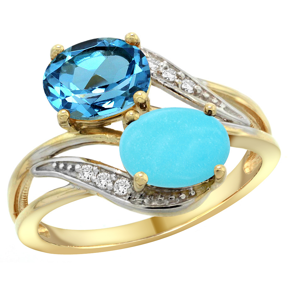 10K Yellow Gold Diamond Natural Swiss Blue Topaz & Turquoise 2-stone Ring Oval 8x6mm, sizes 5 - 10