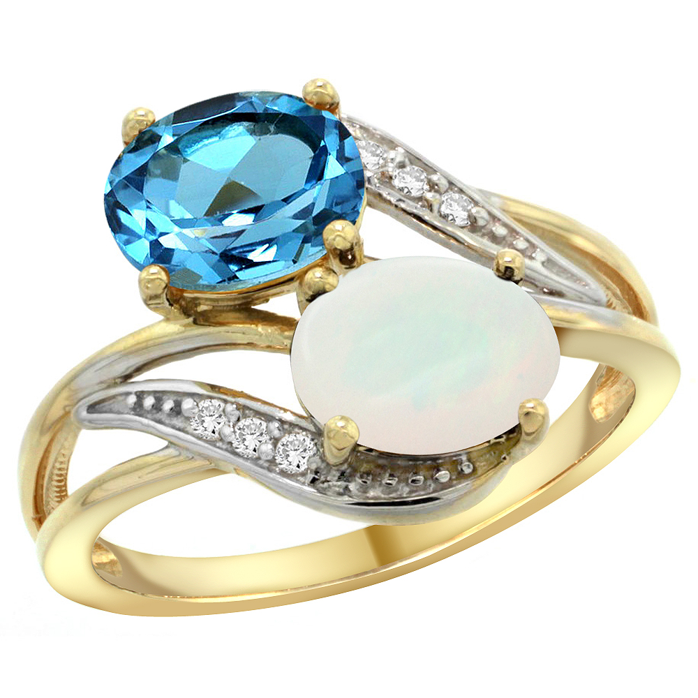 14K Yellow Gold Diamond Natural Swiss Blue Topaz &amp; Opal 2-stone Ring Oval 8x6mm, sizes 5 - 10