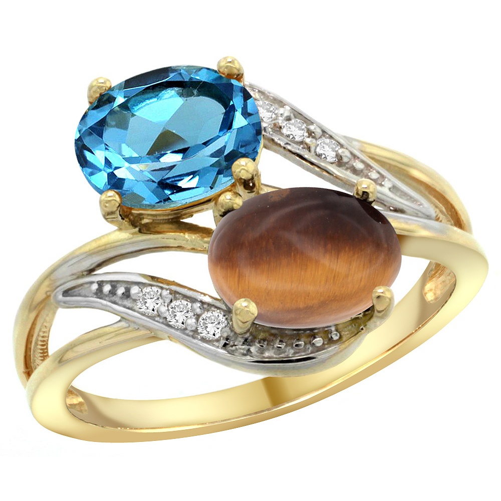 14K Yellow Gold Diamond Natural Swiss Blue Topaz &amp; Tiger Eye 2-stone Ring Oval 8x6mm, sizes 5 - 10