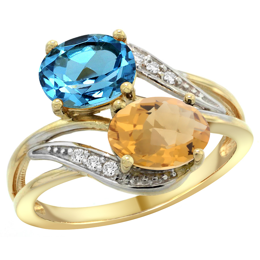 14K Yellow Gold Diamond Natural Swiss Blue Topaz &amp; Whisky Quartz 2-stone Ring Oval 8x6mm, sizes 5 - 10