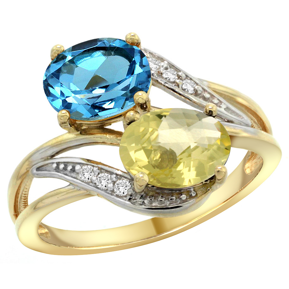 14K Yellow Gold Diamond Natural Swiss Blue Topaz & Lemon Quartz 2-stone Ring Oval 8x6mm, sizes 5 - 10