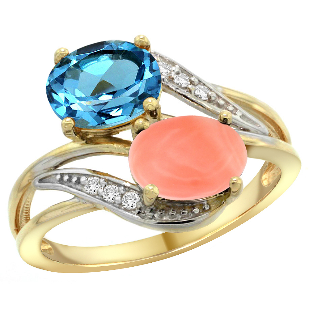 14K Yellow Gold Diamond Natural Swiss Blue Topaz &amp; Coral 2-stone Ring Oval 8x6mm, sizes 5 - 10