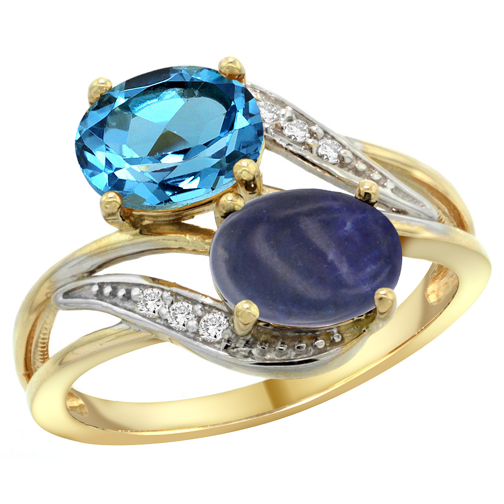 14K Yellow Gold Diamond Natural Swiss Blue Topaz & Lapis 2-stone Ring Oval 8x6mm, sizes 5 - 10