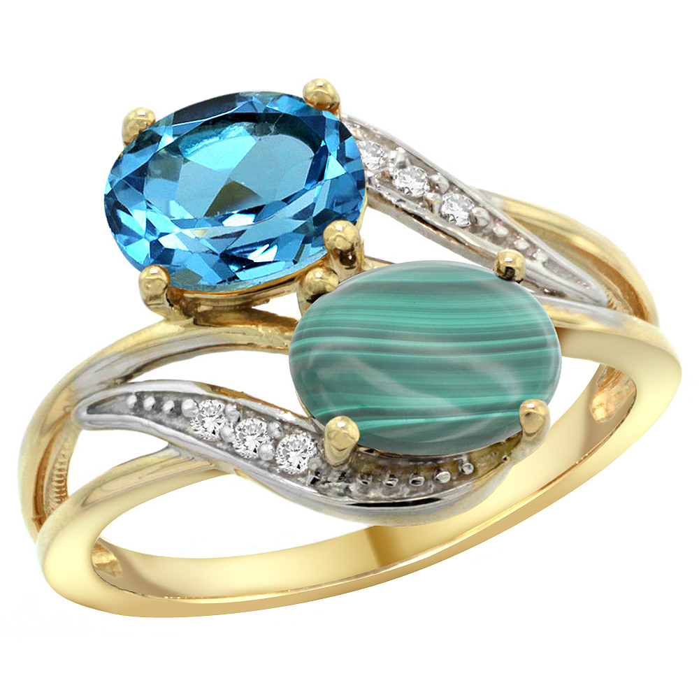 14K YELLOW GOLD DIAMOND NATURAL SWISS BLUE TOPAZ & MALACHITE 2-STONE RING OVAL 8X6MM, SIZES 5 - 10