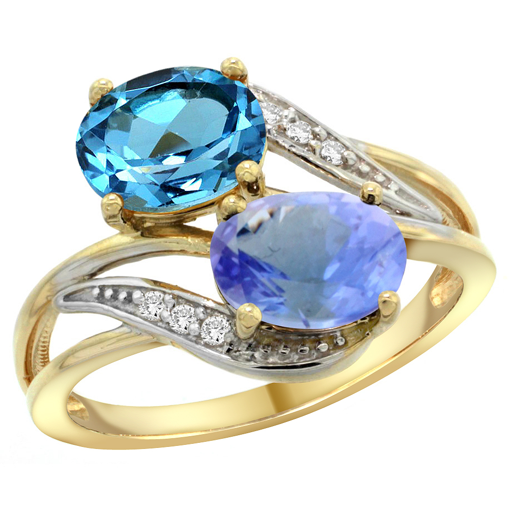 14K YELLOW GOLD DIAMOND NATURAL SWISS BLUE TOPAZ & TANZANITE 2-STONE RING OVAL 8X6MM, SIZES 5 - 10
