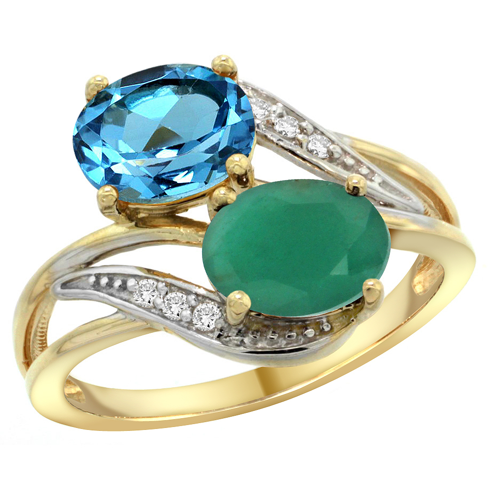 14K Yellow Gold Diamond Natural Swiss Blue Topaz&amp;Quality Emerald 2-stone Mothers Ring Oval 8x6mm,sz5 - 10