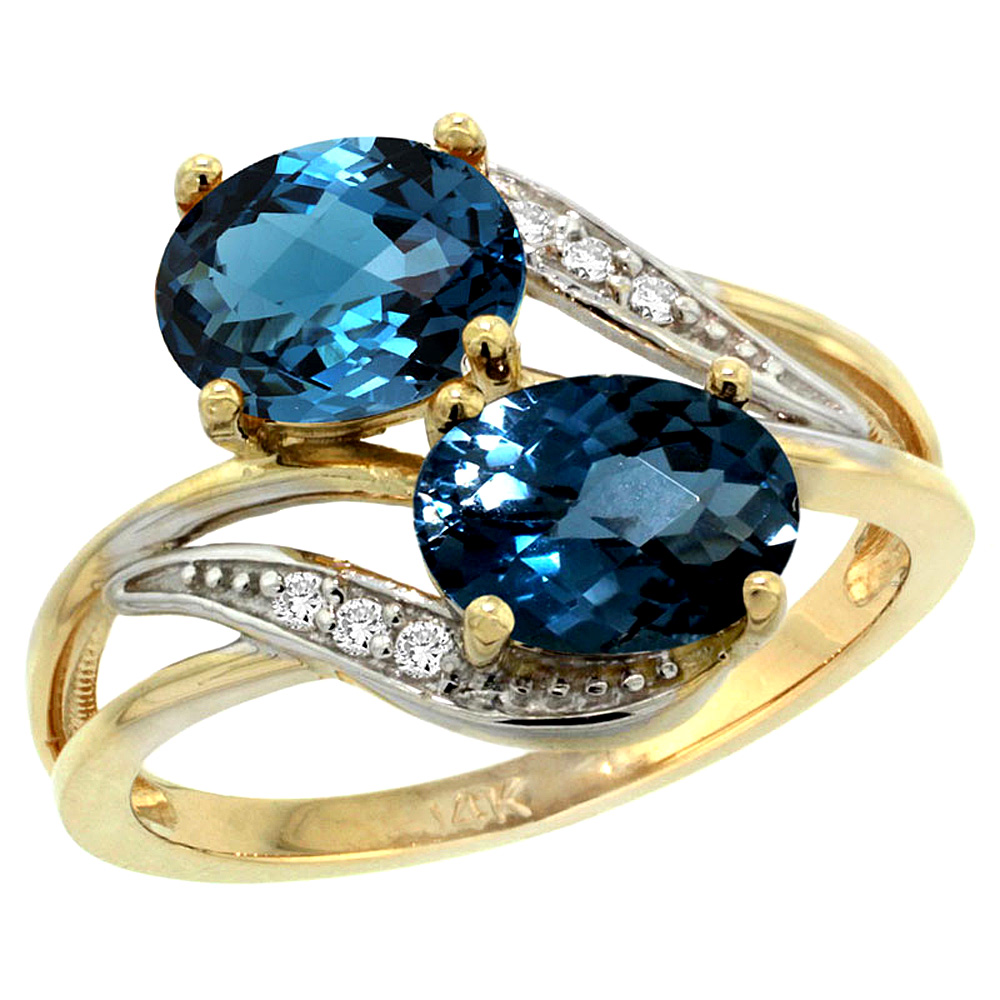 14K Yellow Gold Diamond Natural London Blue Topaz 2-stone Ring Oval 8x6mm, sizes 5 - 10