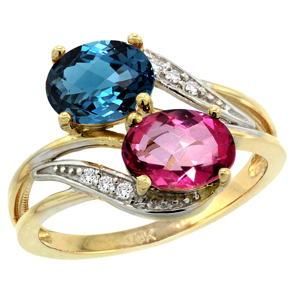 14K YELLOW GOLD DIAMOND NATURAL LONDON BLUE & PINK TOPAZ 2-STONE RING OVAL 8X6MM, SIZES 5 - 10
