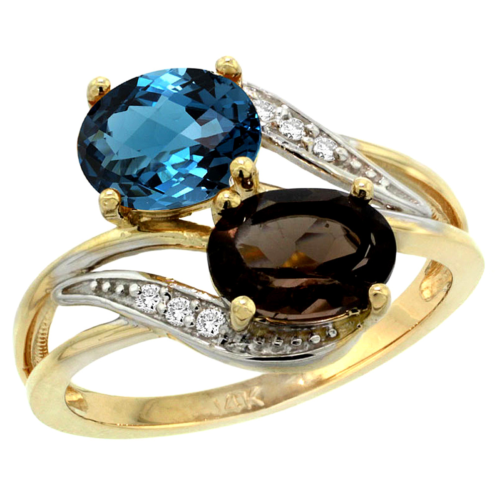 14K Yellow Gold Diamond Natural London Blue &amp; Smoky Topaz 2-stone Ring Oval 8x6mm, sizes 5 - 10