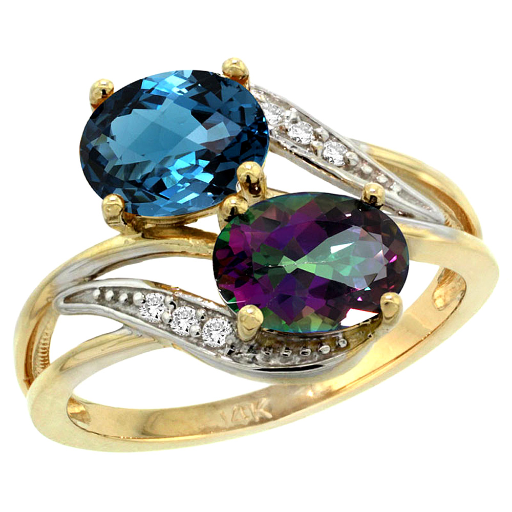 10K Yellow Gold Diamond Natural London Blue &amp; Mystic Topaz 2-stone Ring Oval 8x6mm, sizes 5 - 10
