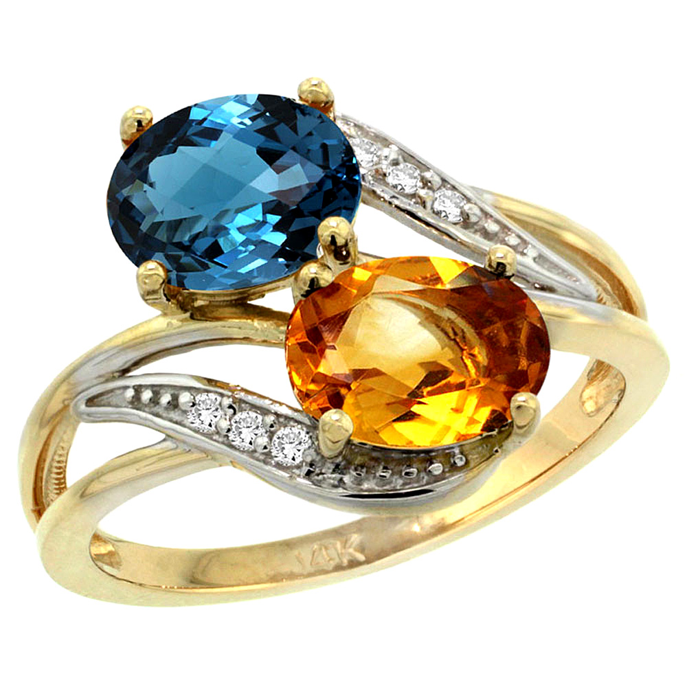 14K Yellow Gold Diamond Natural London Blue Topaz &amp; Citrine 2-stone Ring Oval 8x6mm, sizes 5 - 10