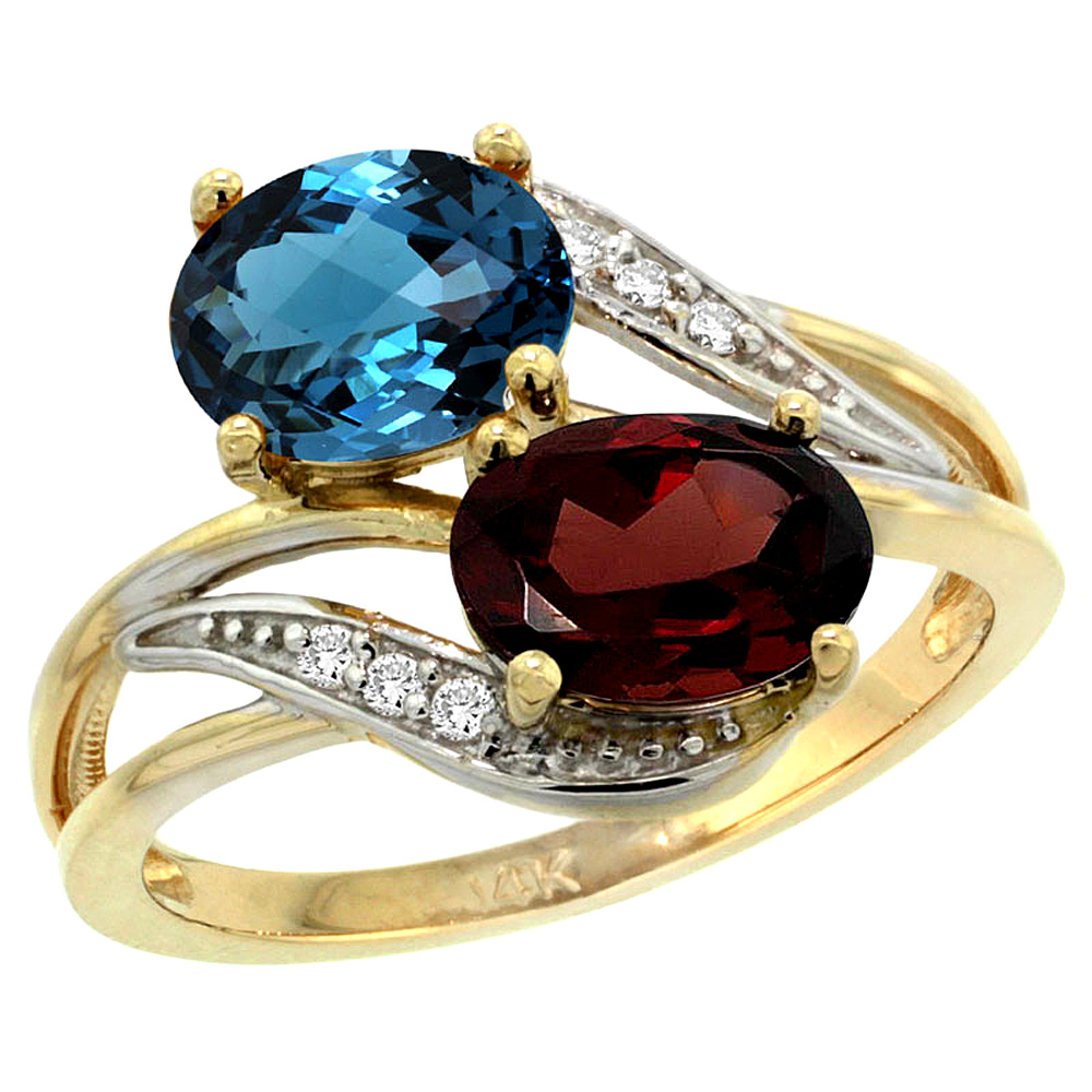 14K YELLOW GOLD DIAMOND NATURAL LONDON BLUE TOPAZ & GARNET 2-STONE RING OVAL 8X6MM, SIZES 5 - 10