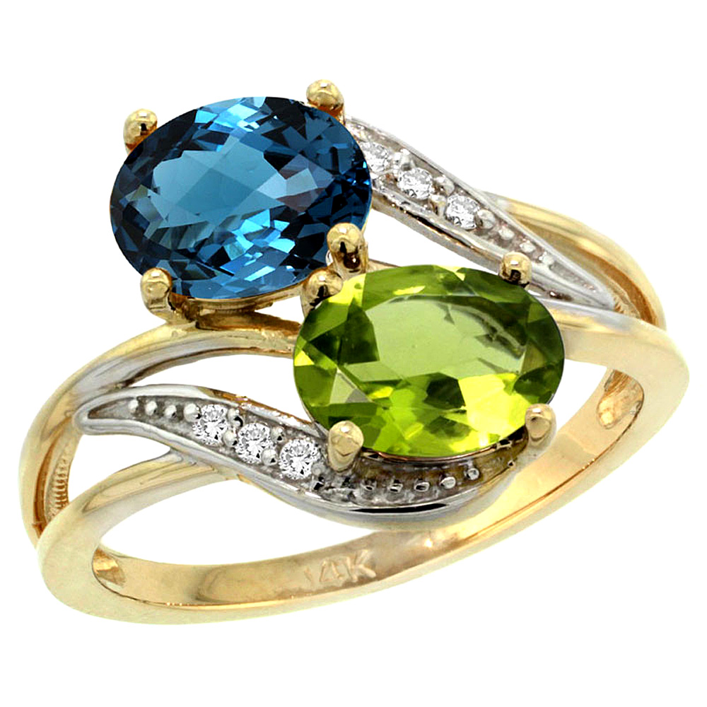 14K Yellow Gold Diamond Natural London Blue Topaz &amp; Peridot 2-stone Ring Oval 8x6mm, sizes 5 - 10