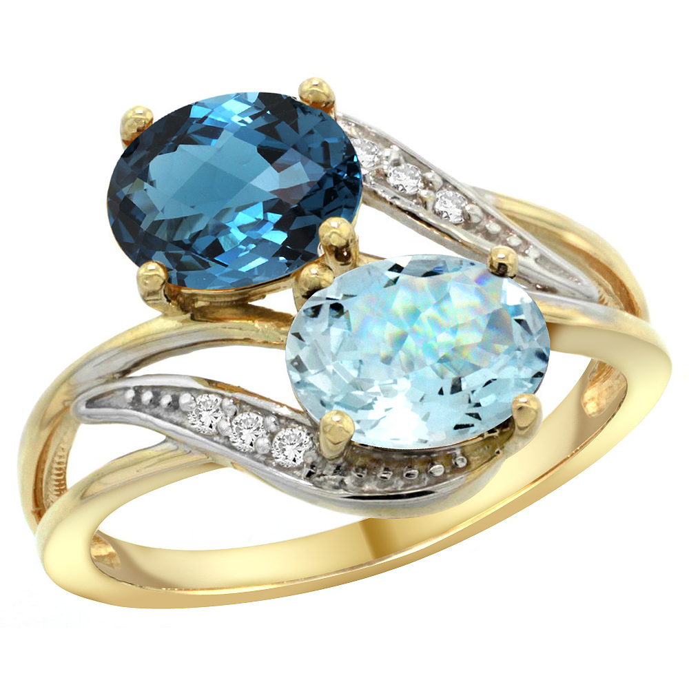 14K YELLOW GOLD DIAMOND NATURAL LONDON BLUE TOPAZ & AQUAMARINE 2-STONE RING OVAL 8X6MM, SIZES 5 - 10