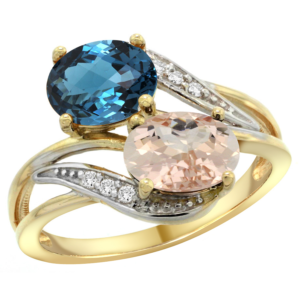 14K YELLOW GOLD DIAMOND NATURAL LONDON BLUE TOPAZ & MORGANITE 2-STONE RING OVAL 8X6MM, SIZES 5 - 10