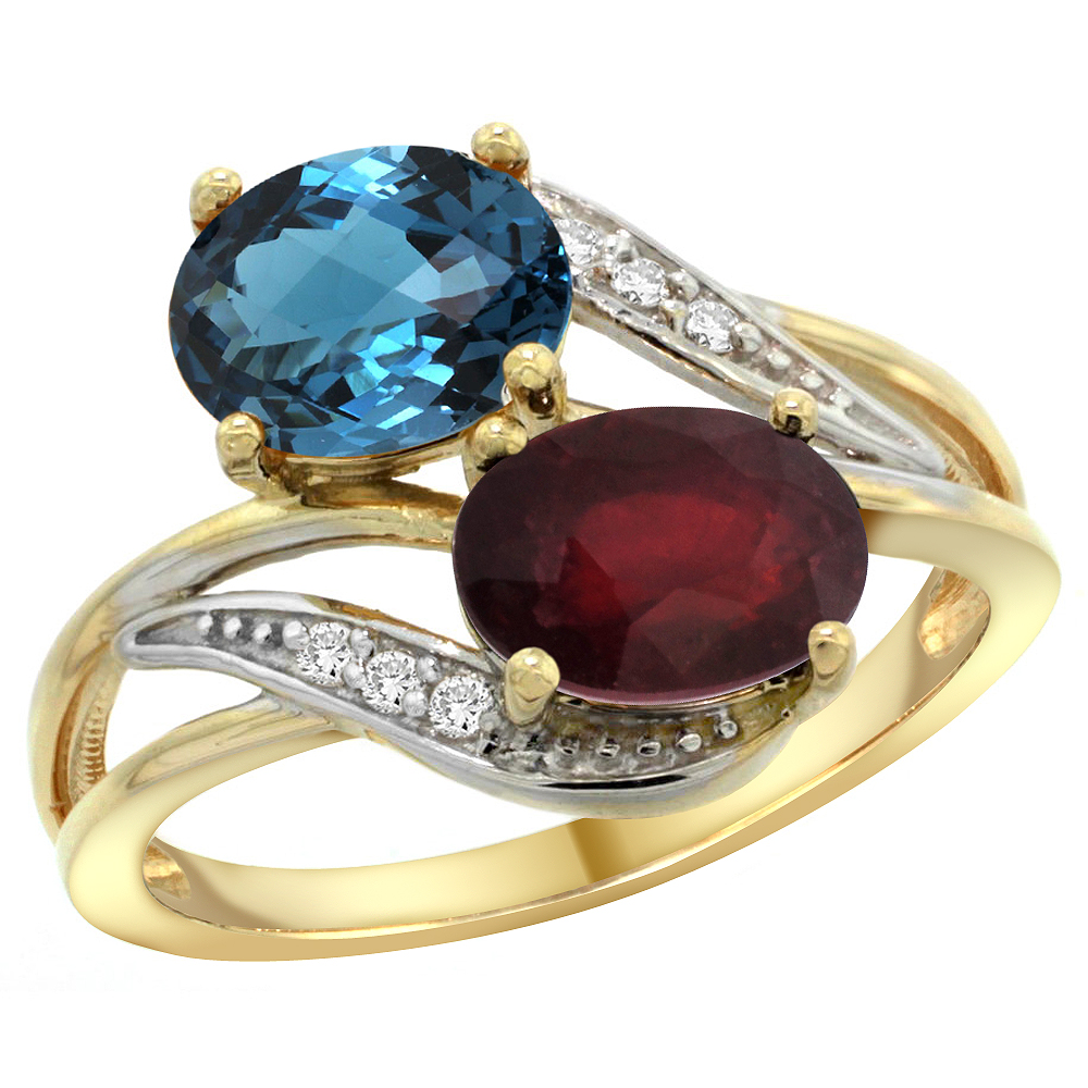 14K YELLOW GOLD DIAMOND NATURAL LONDON BLUE TOPAZ & ENHANCED RUBY 2-STONE RING OVAL 8X6MM, SIZES 5 - 10