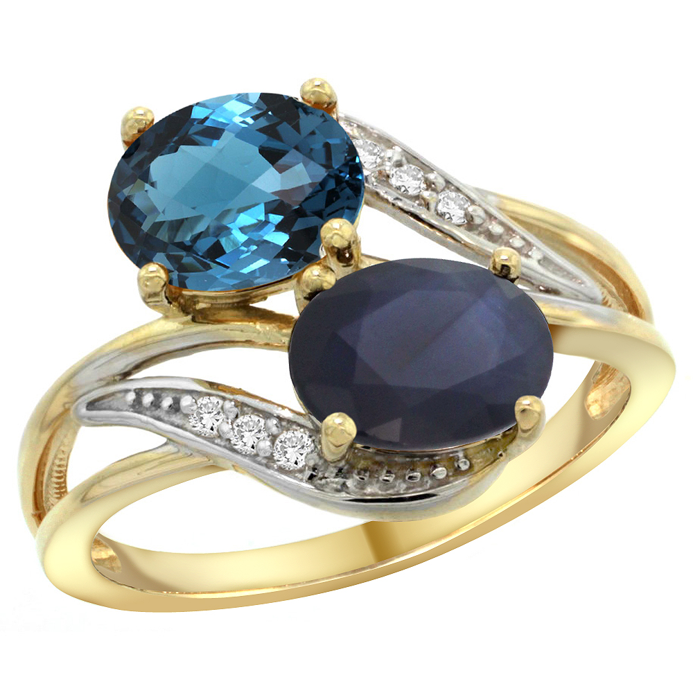 14K YELLOW GOLD DIAMOND NATURAL LONDON BLUE TOPAZ & BLUE SAPPHIRE 2-STONE RING OVAL 8X6MM, SIZES 5 - 10