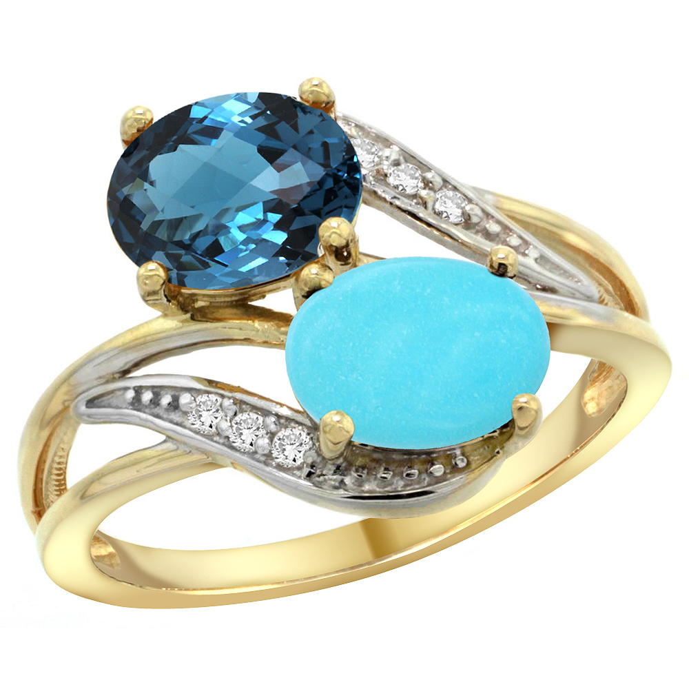 14K Yellow Gold Diamond Natural London Blue Topaz &amp; Turquoise 2-stone Ring Oval 8x6mm, sizes 5 - 10