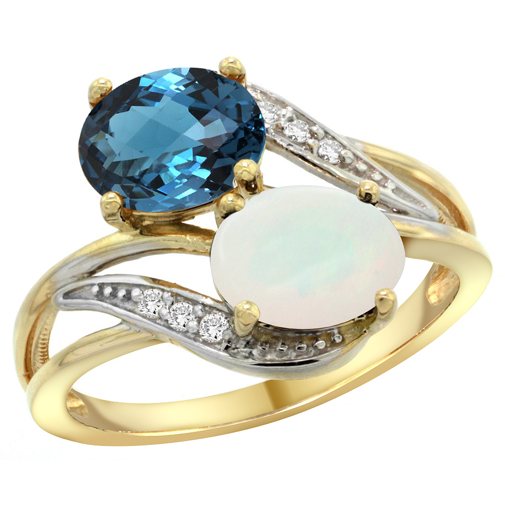 10K Yellow Gold Diamond Natural London Blue Topaz & Opal 2-stone Ring Oval 8x6mm, sizes 5 - 10