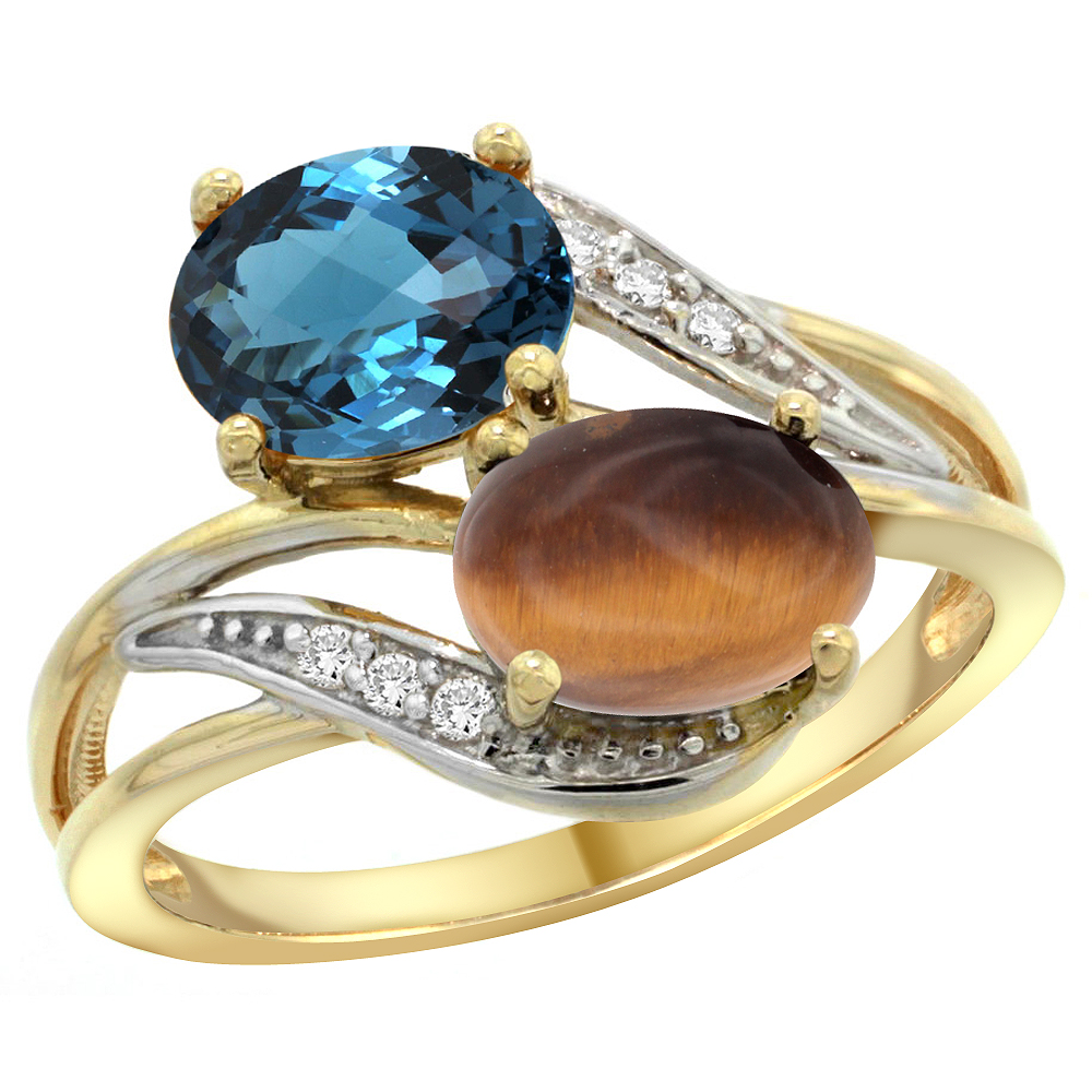 10K Yellow Gold Diamond Natural London Blue Topaz & Tiger Eye 2-stone Ring Oval 8x6mm, sizes 5 - 10