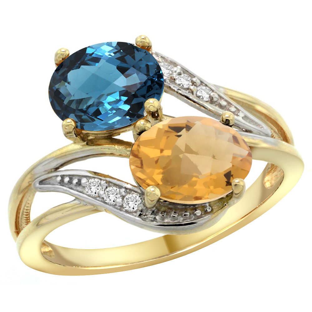 10K Yellow Gold Diamond Natural London Blue Topaz &amp; Whisky Quartz 2-stone Ring Oval 8x6mm, sizes 5 - 10