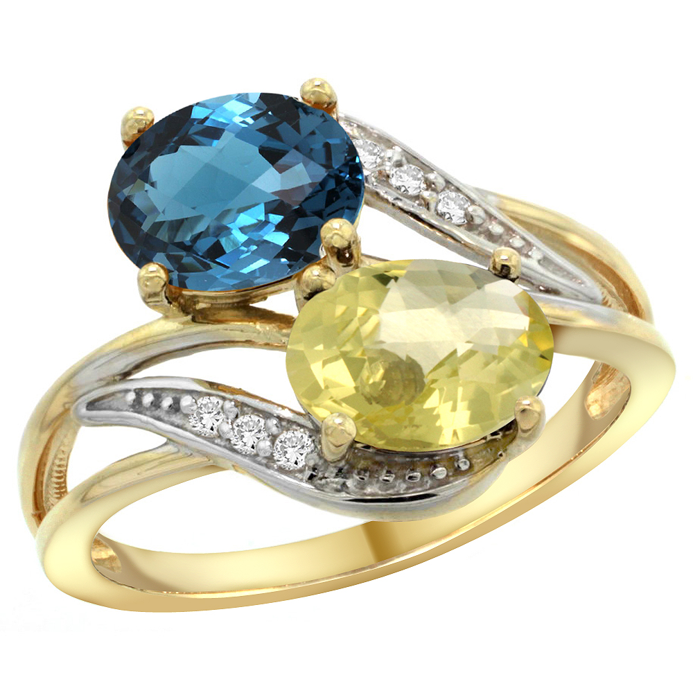 14K Yellow Gold Diamond Natural London Blue Topaz & Lemon Quartz 2-stone Ring Oval 8x6mm, sizes 5 - 10