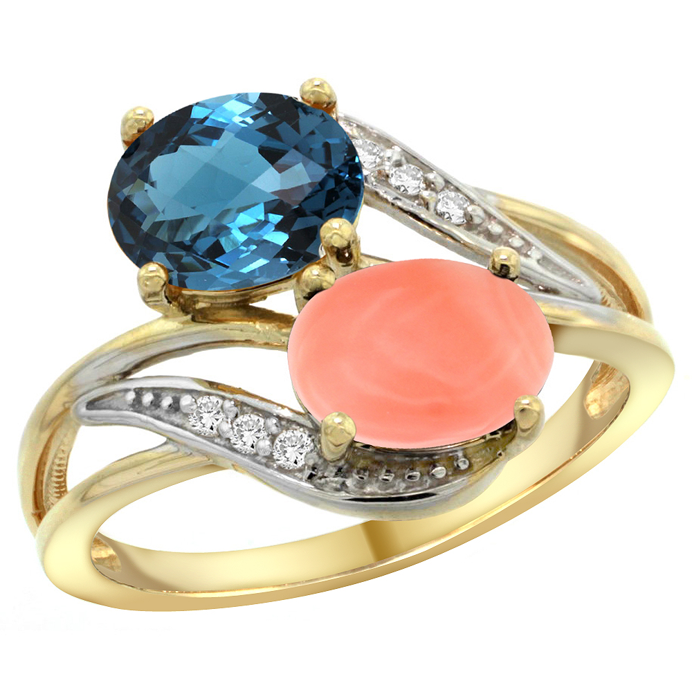 10K Yellow Gold Diamond Natural London Blue Topaz &amp; Coral 2-stone Ring Oval 8x6mm, sizes 5 - 10