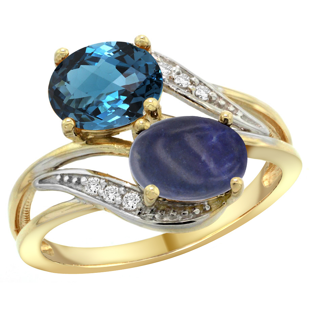 14K YELLOW GOLD DIAMOND NATURAL LONDON BLUE TOPAZ & LAPIS 2-STONE RING OVAL 8X6MM, SIZES 5 - 10