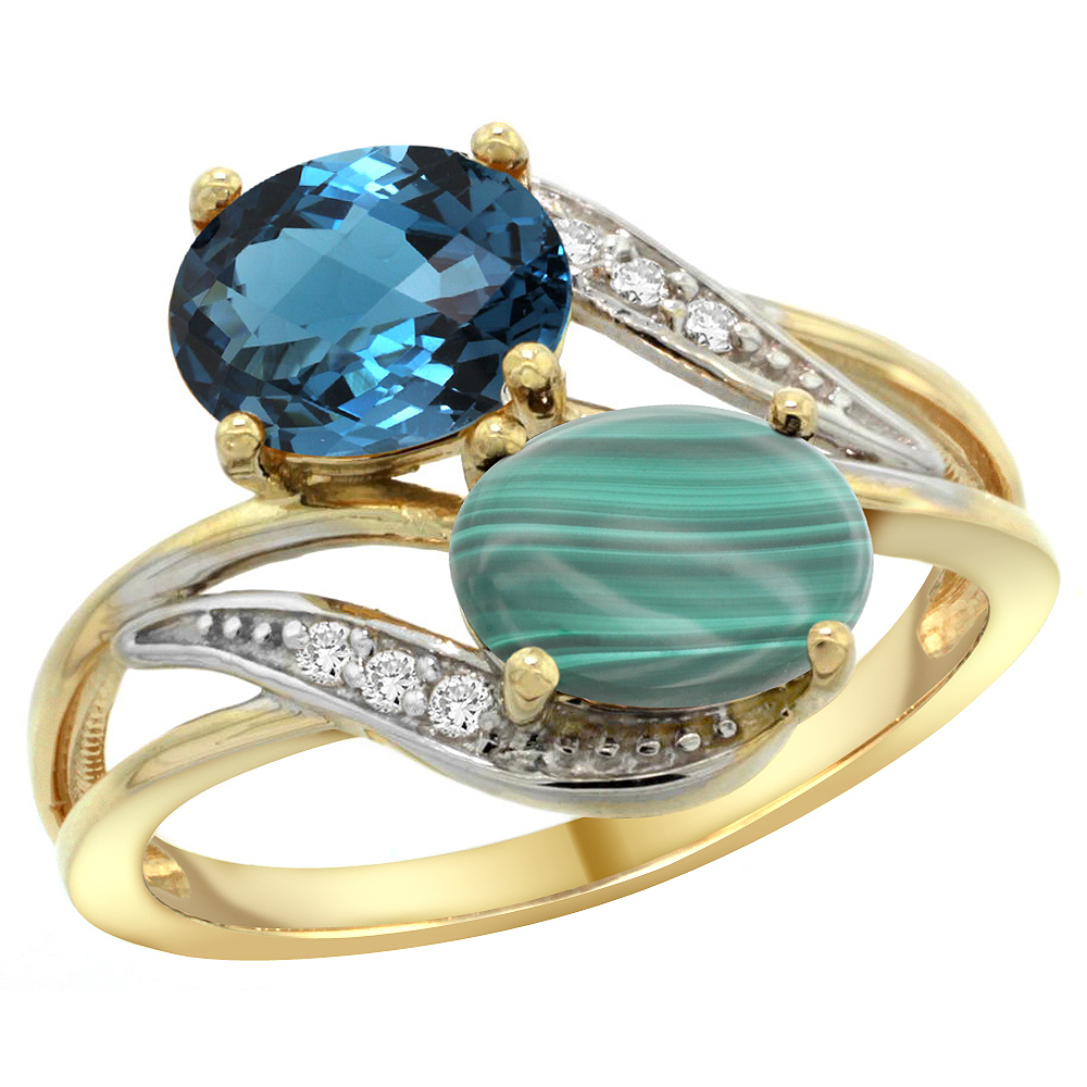 14K YELLOW GOLD DIAMOND NATURAL LONDON BLUE TOPAZ & MALACHITE 2-STONE RING OVAL 8X6MM, SIZES 5 - 10