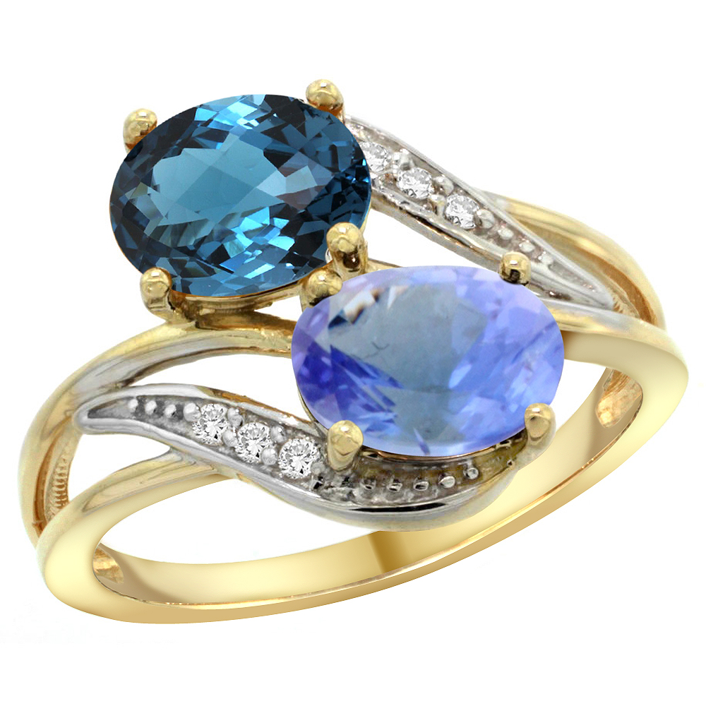 14K YELLOW GOLD DIAMOND NATURAL LONDON BLUE TOPAZ & TANZANITE 2-STONE RING OVAL 8X6MM, SIZES 5 - 10
