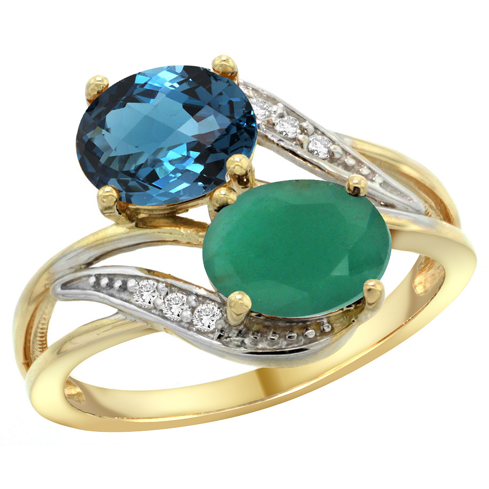 14K Yellow Gold Diamond Natural London Blue Topaz &amp; Quality Emerald 2-stone Ring Oval 8x6mm, size 5 - 10